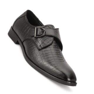 Leatherful Single Monk Strap Shoe, Genuine Leather, Black, TPR Sole, Nappa Leather Lining,