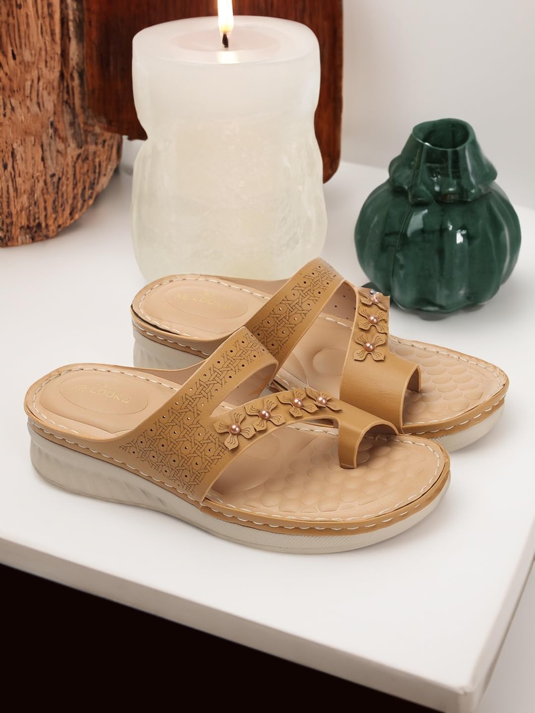 XE Looks Women’s Casual Comfort Sandals with Floral Embellished Strap & Soft Cushioned Footbed - Image 2