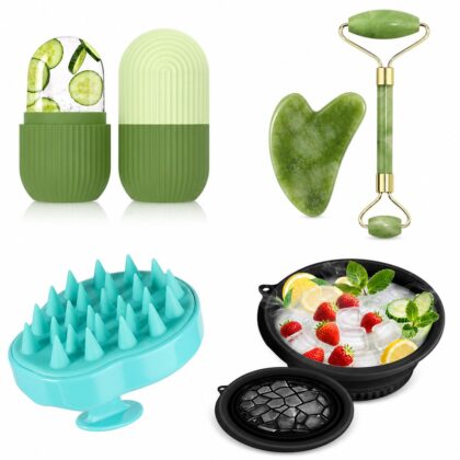 VEDORA 4 in 1 Skincare Combo Kit for Men & Women | Ice Roller + Ice Facial Bowl + Jade Roller & Gua Sha + Silicone Body Scrubber | Face & Body Care Set
