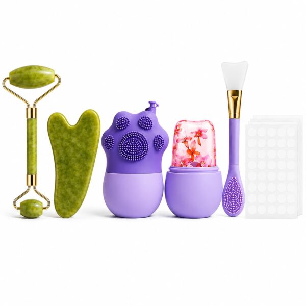Skin Care Kit for Women – Jade Roller & Gua Sha Set, Ice Roller, Silicone Face Cleansing Brush, Acne Pimple Patches, Face Mask Brush | 6-in-1 Anti-Aging Skin Care Gift Set | Birthday Gift for Her