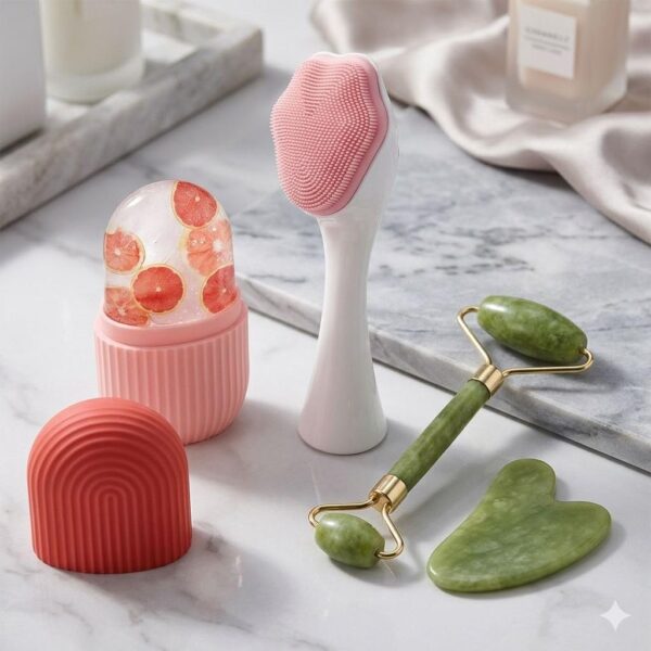 Premium 4-in-1 Facial Skin Care Combo Kit - Includes Silicone Ice Contour Roller, Manual Face Cleansing Brush, Natural Jade Roller and Gua Sha Stone Tools for Face Lifting, Deep Cleansing & Anti-Aging Skin Glow