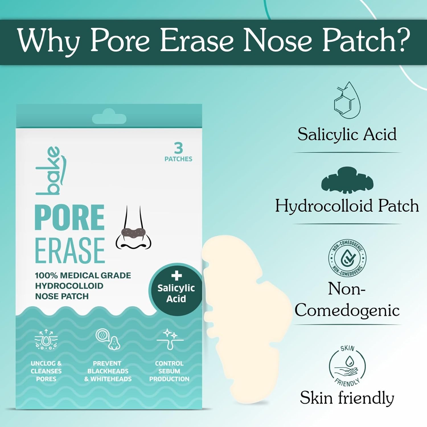 BAKE 2% Salicylic Acid Nose Strips for Blackheads Removal, Whiteheads & Pore Cleansing | Hydrocolloid Nose Patches for Clogged Pores, Deep Cleansing, Controlled Sebum Production (3 Strips) - Image 9
