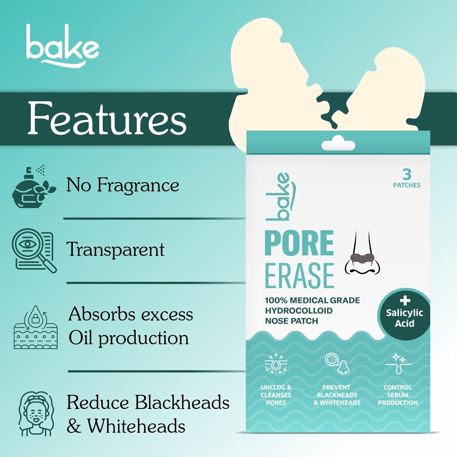 BAKE 2% Salicylic Acid Nose Strips for Blackheads Removal, Whiteheads & Pore Cleansing | Hydrocolloid Nose Patches for Clogged Pores, Deep Cleansing, Controlled Sebum Production (3 Strips) - Image 2