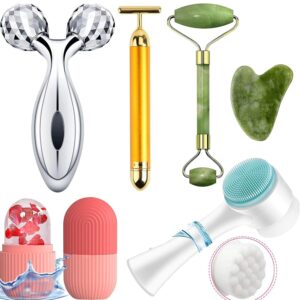 6-in-1 Face Massager & Skincare Combo Kit with 3D Roller, T-Bar Massager, Jade & Gua Sha Stone, Ice Roller, Double-Sided Silicone Face Cleansing Brush | Face, Neck, Jawline Care | Women & Men