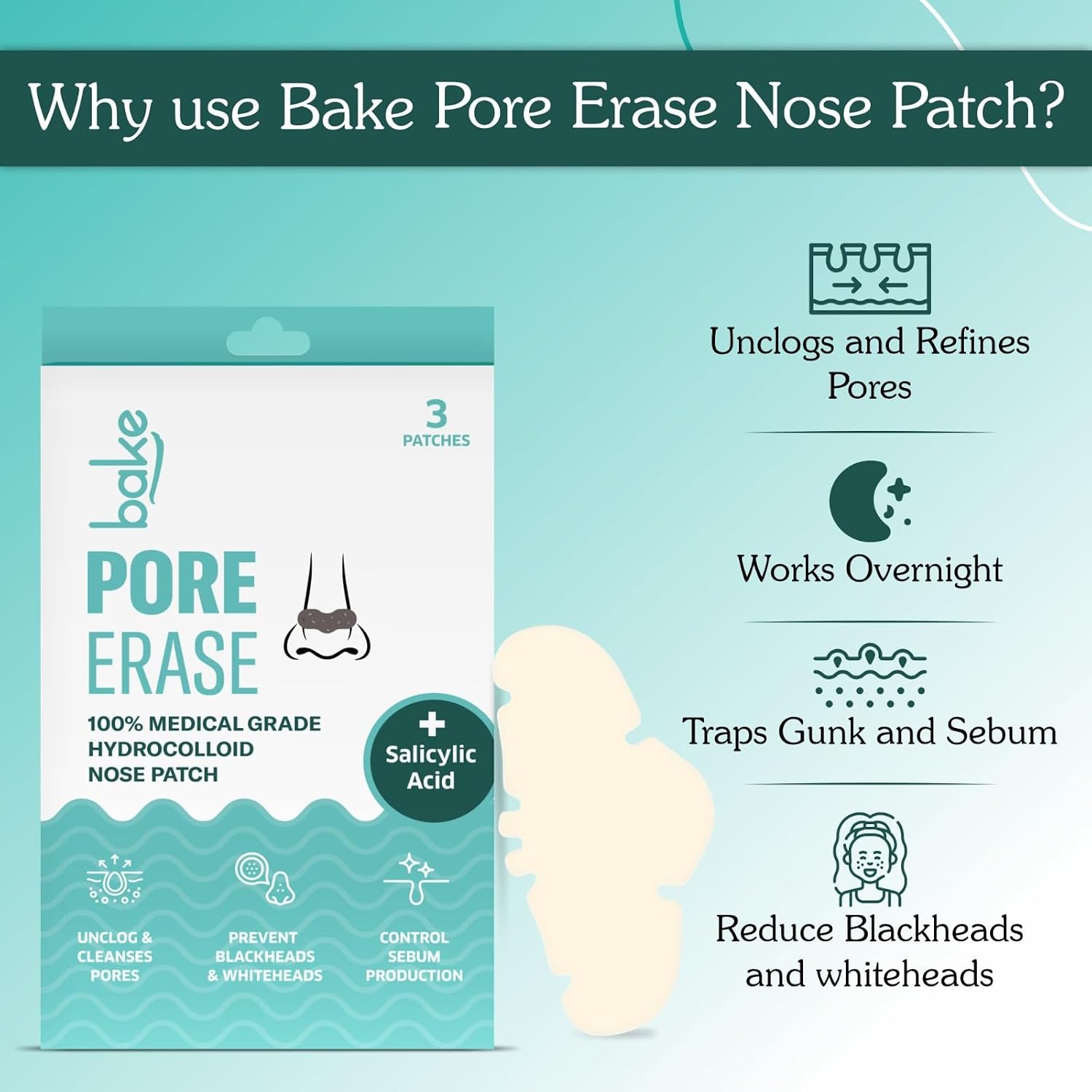 BAKE 2% Salicylic Acid Nose Strips for Blackheads Removal, Whiteheads & Pore Cleansing | Hydrocolloid Nose Patches for Clogged Pores, Deep Cleansing, Controlled Sebum Production (3 Strips) - Image 3