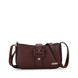 Fastrack Women's Buckle Detail Sling Bag with Flap and Top Zip Closure | Adjustable Sling Belt and Inner Zip Pocket | Stylish Everyday Bag | Trendy Women's Handbags, Brown