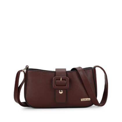 Fastrack Women's Buckle Detail Sling Bag with Flap and Top Zip Closure | Adjustable Sling Belt and Inner Zip Pocket | Stylish Everyday Bag | Trendy Women's Handbags, Brown